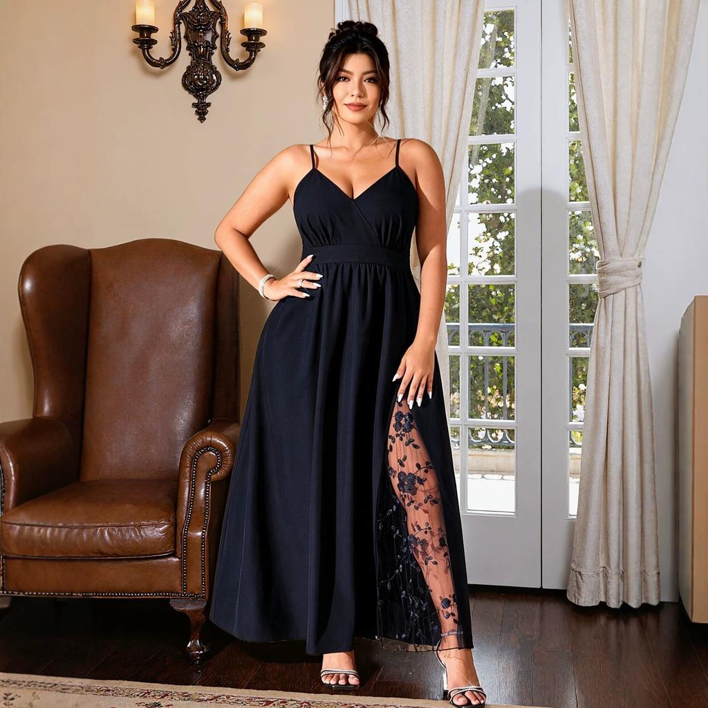 Women Plus Size Solid Color A Line Maxi Dress V Neck Wrap Floral Mesh Slit Wedding Guest