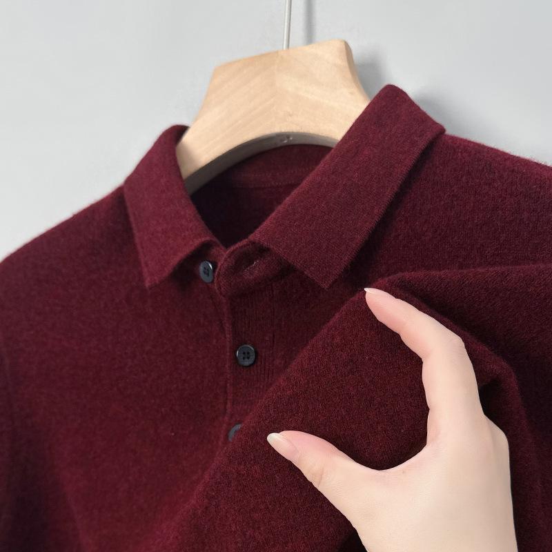 Men's 100% Pure Wool 9-Pin Lapel Sweater, 430g Thickened Base Layer for Middle-Aged Business Casual, Plain Knit.