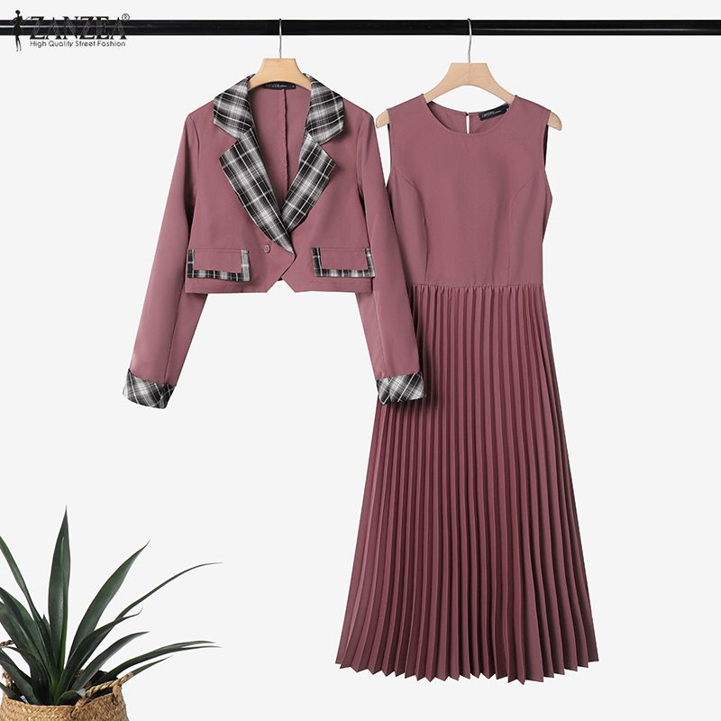 ZANZEA Women Long Sleeve Cardigan Blazer and Dress Summer Two Piece Suit Sets