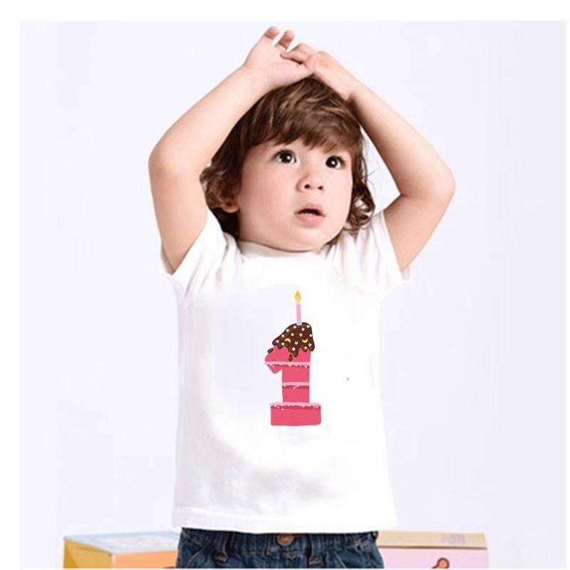 Summer Birthday Number for Boys and Girls Casual Cartoon First Birthday Shortsleeved Tshirt White Roundneck Top Kids Clothes