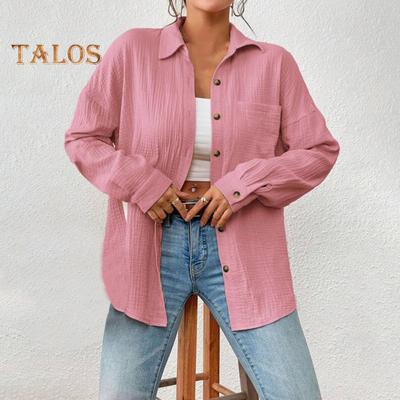 Women Casual Shirt Lapel Long Sleeve Button Down Casual Top with Patch Pocket Solid Color Loose Fit Blouse Work Leisure Daily Wear