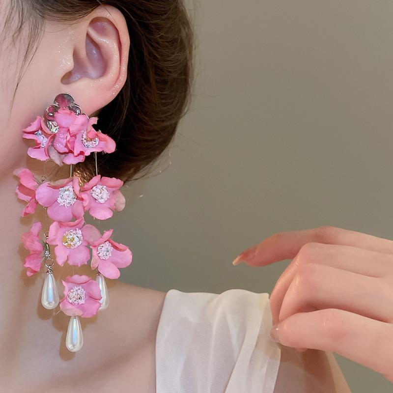 Fresh Sweet Fabric Flower Dangle Earrings for Women Imitation Pearl Water Drop Tassel Earring Elegant Charm Jewelry Vacation