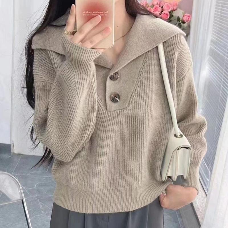 Design sense solid color loose knitted sweater women wear fashionable retro big lapel sweater women autumn and winter lazy wind