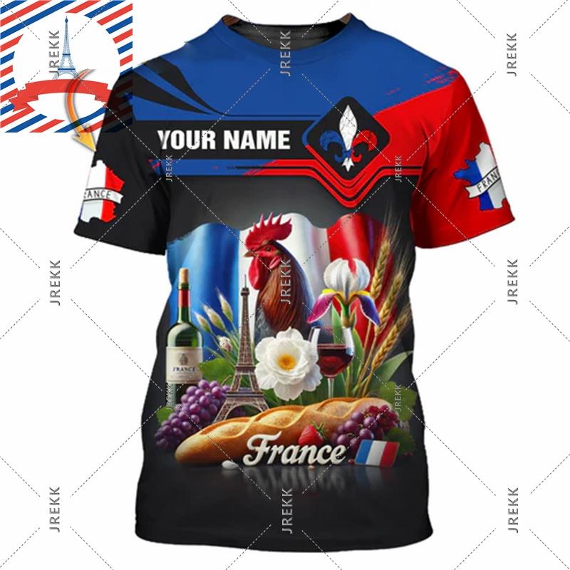 Französisches Flag Football T-Shirt für Herren 3D-Druck Hahn Rundhals-T-Shirts Benutzerdefinierter Name Streetwear Sommer Mode Trend Tee