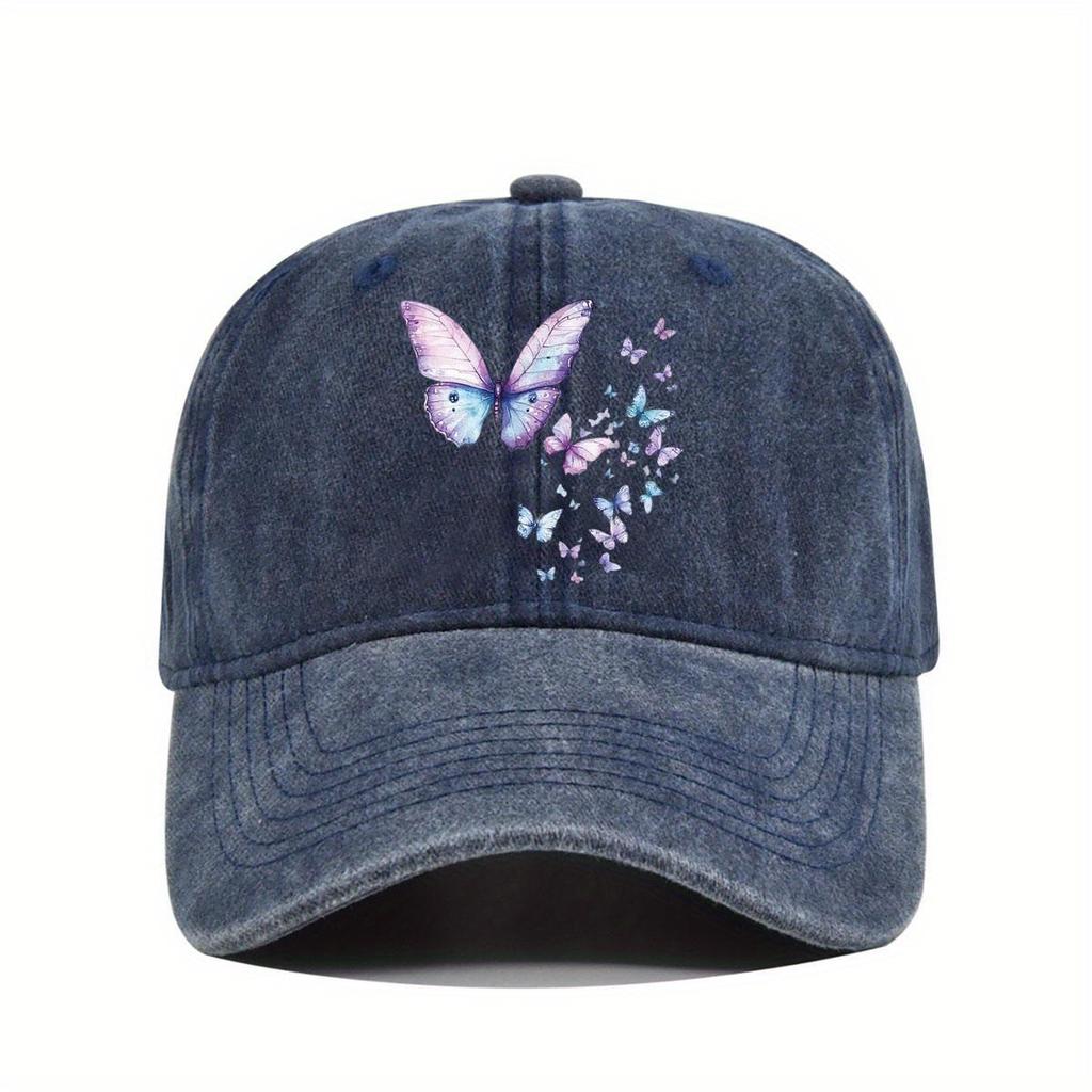 Butterfly Print Washed Baseball Cap Unisex Casual Polyester Adjustable Sun Protection Outdoor Baseball Hat
