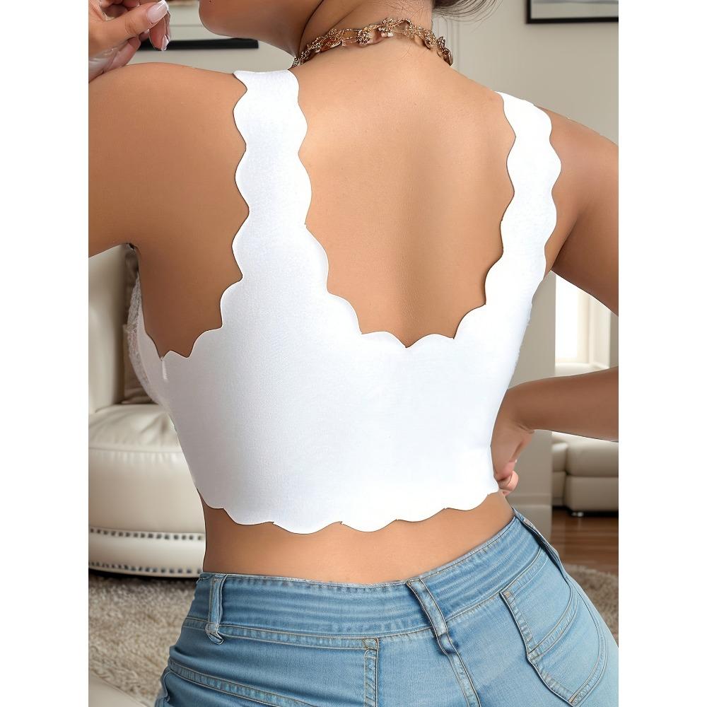 Plus Size Elegant Bra, Women's Contrast Lace Front Closure Scalloped Trim Bralette