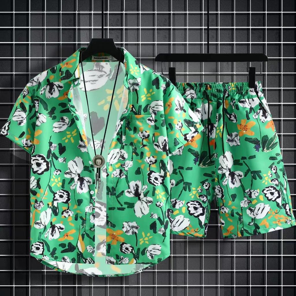 Versatile Men's Quick-Dry Shorts & Floral Shirt Set - Retro Hainan Island National Trend