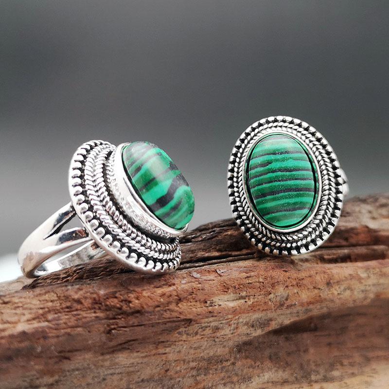 Oval Malachite Rings for Women Antique CopperPlated Rhinestone Plum Flower Vintage Fashion Jewelry