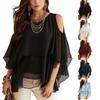 Damen Mode Lässig Mittellang Rundhals Leicht Chiffon Bluse Umhang Schichtdesign Cold Shoulder Oberteil für den täglichen Gebrauch