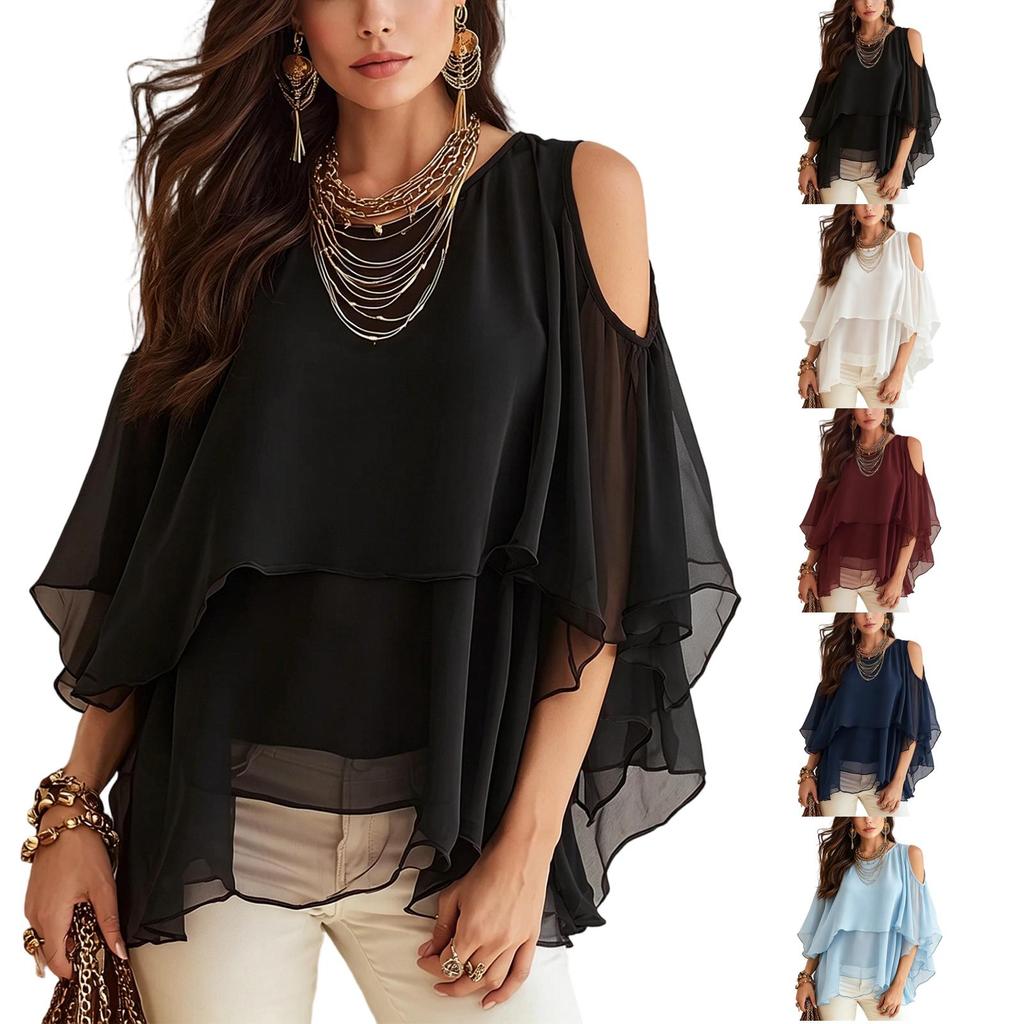 Women's Fashion Casual Chiffon Blouse with Shawl, Mid Length, Round Neck, Lightweight Top