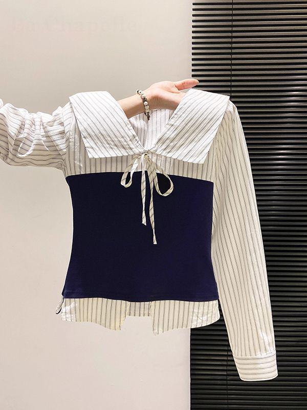 Elegant Sweet & Spicy Striped Patchwork Lace-up Long Sleeve Waist-Cinching Top - New Spring Korean Style for Women M