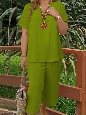 Dames Grote Maat Elegante V-hals Top met Korte Mouwen en Wijde Broek Set - Effen Kleuren voor Lente, Zomer en Herfst.