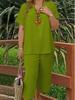 Women's Plus Size Elegant V-Neck Short Sleeve Top and Wide-Leg Pants Set - Solid Colors for Spring, Summer, and Autumn.