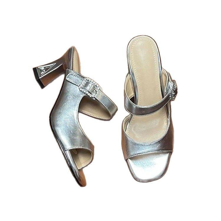 Soft leather high-heeled slippers 22 new summer outer wear temperament beautiful thick heel fish mouth cool slippers