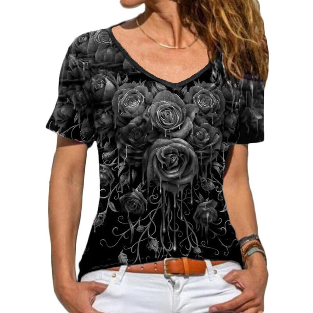 HNXC Women's Fashion Casual Summer Spring Floral Print Short Sleeve V-Neck Blouses & Shirts