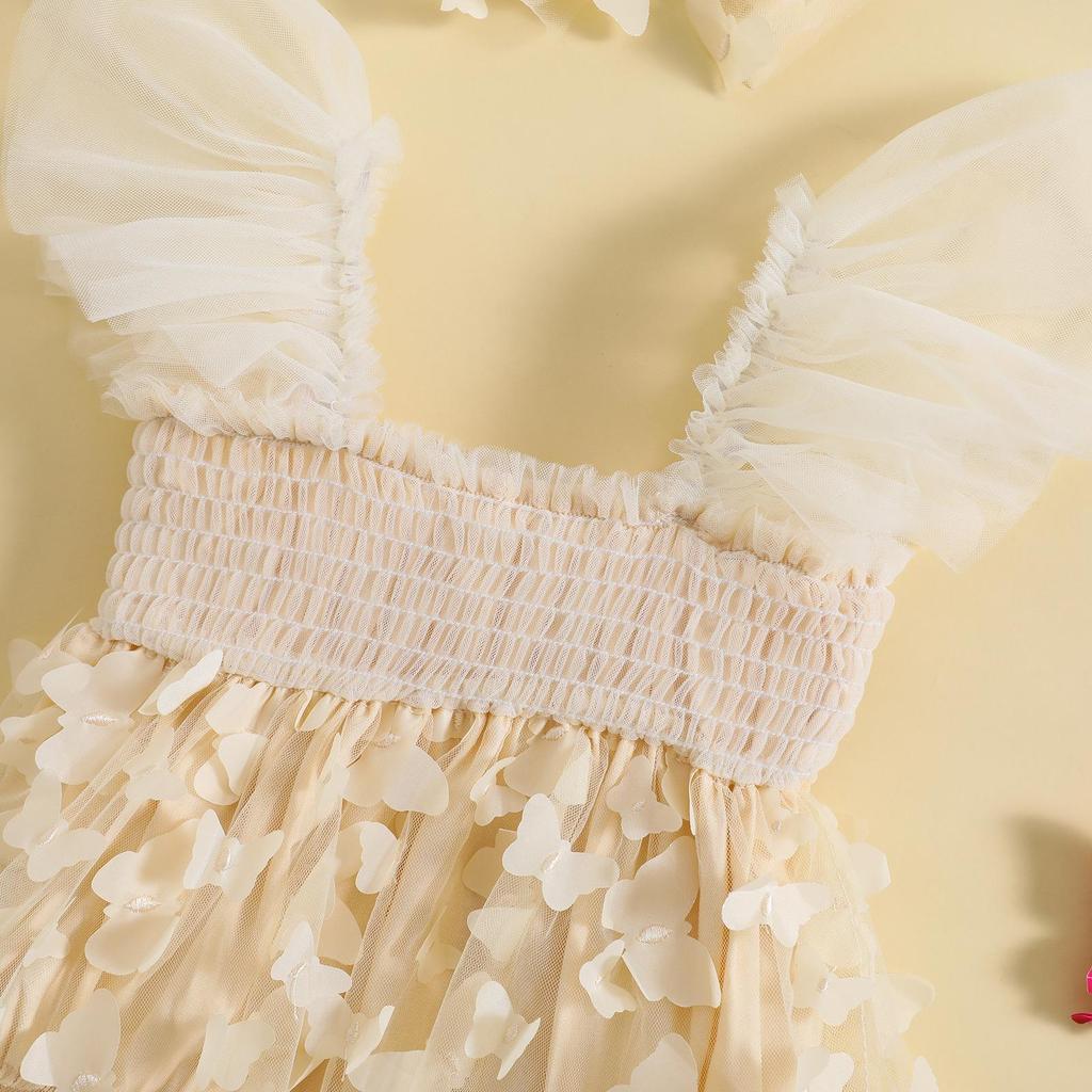 Infant Girl Romper Dress Butterfly Decor Fly Sleeve Ruched Mesh Skirt 3 6 12 18 24 Months Hem Jumpsuits Newborn Clothes Baby Bodysuits with Headband