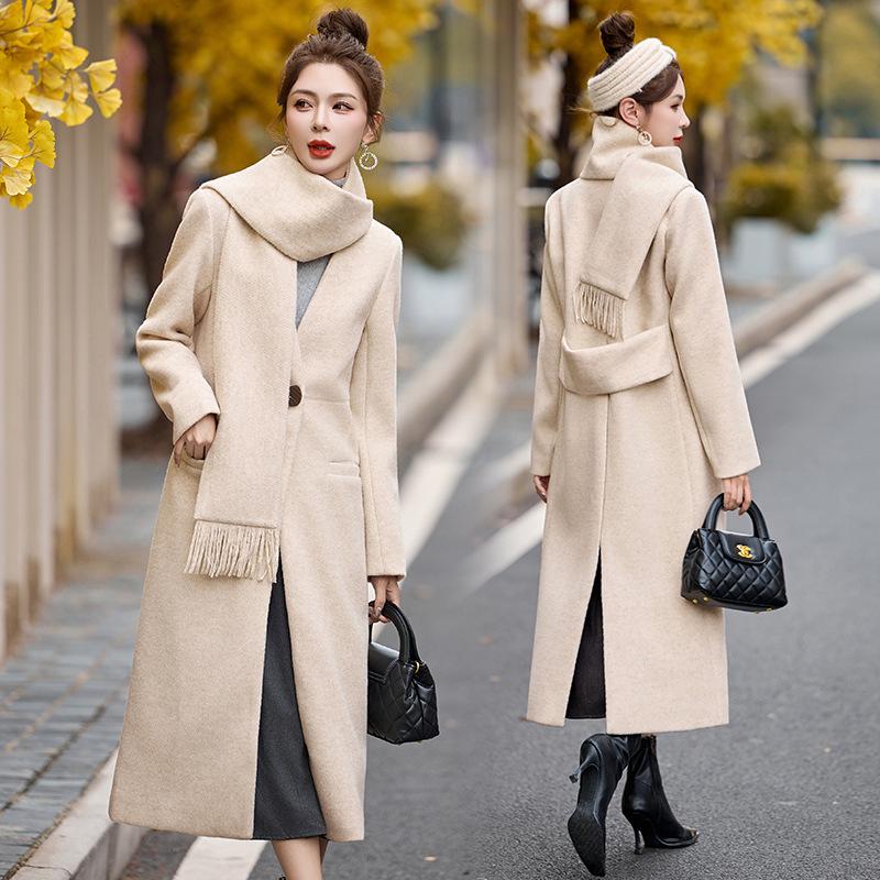 

Женское приталенное шерстяное пальто с шарфом - Осень/Зима Однобортное в стиле кэжуал XXL 65-70 kg