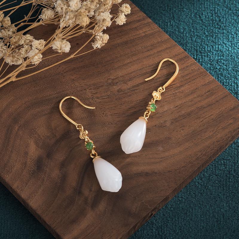 Retro Chinese Hanfu Earrings: Ancient Gold Clouds & Synthetic White Jade Magnolia