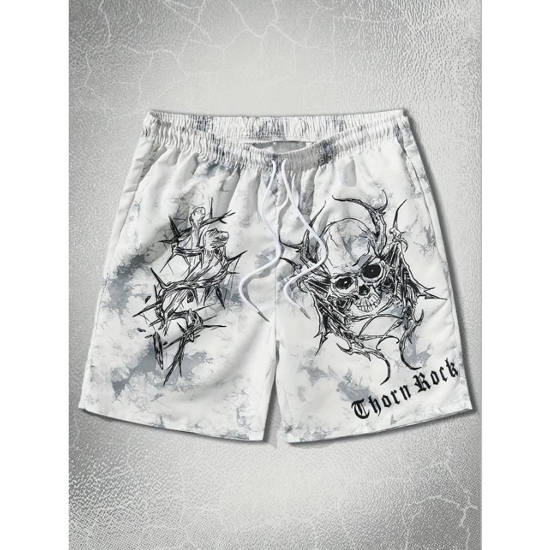 Men S Fashion Print Beach Shorts, Skull Pattern 3D Print - Casual Fiber Drawstring Waistband, Summer Lightweight Comfort S