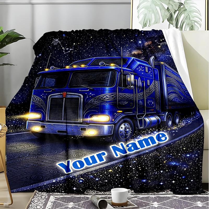 1PC Custom Name Space Truck Journey flannel blanket versatile,all-season throw suitable for the living room,bedroom,camping,travel,and gift