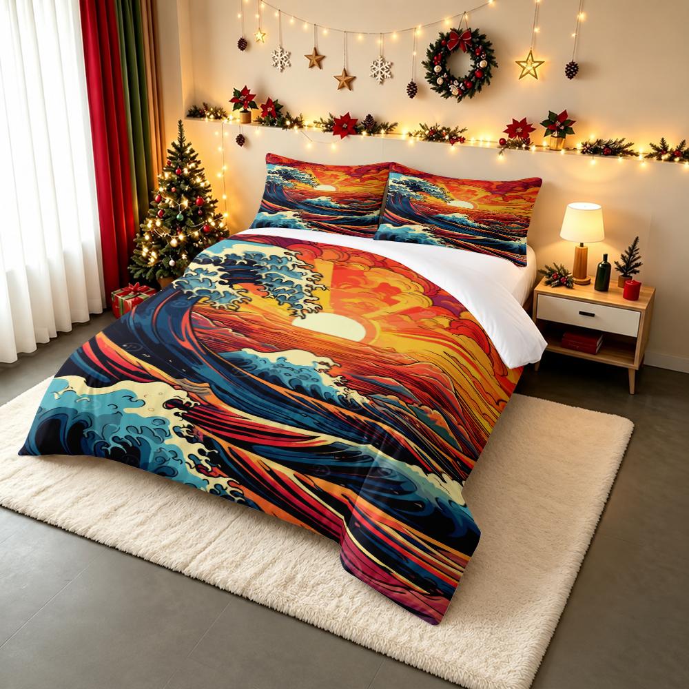 Great Wave Ukiyo-e Sunset Bedding set (1 duvet cover, 2 pillowcases, duvet not included), Japanese Vintage Ocean Art Print