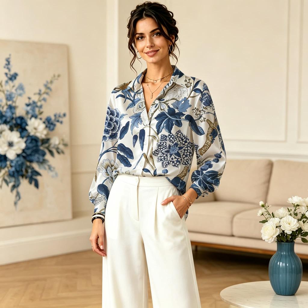 Women Lapel Long Sleeve Chinese Floral Print Shirt, Thin Blouse for Office Work, Daily Wear, Party & Vacation