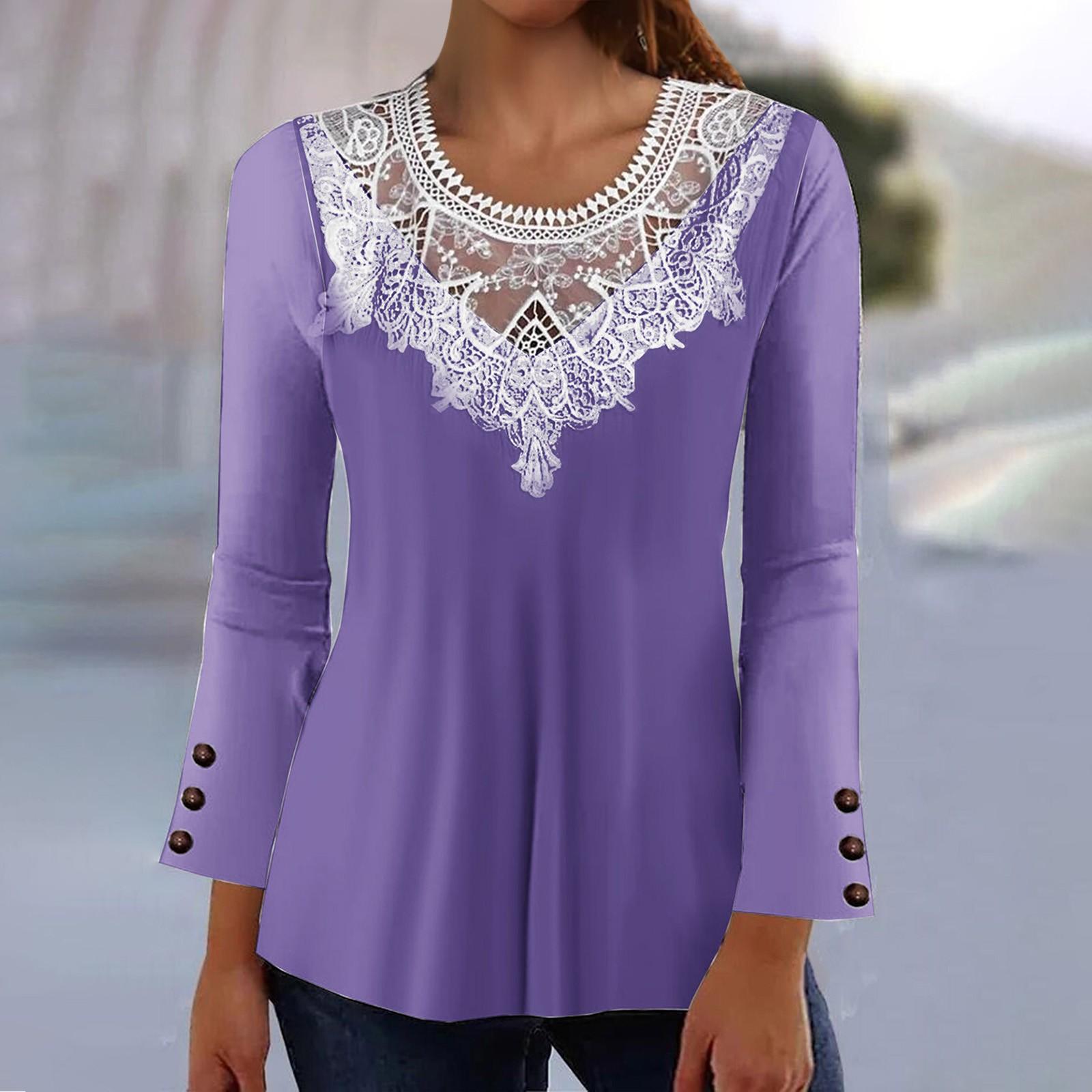 

Женская рубашка-блузка с круглым вырезом и длинным рукавом, повседневные праздничные базовые топы на пуговицах M фиолетовый