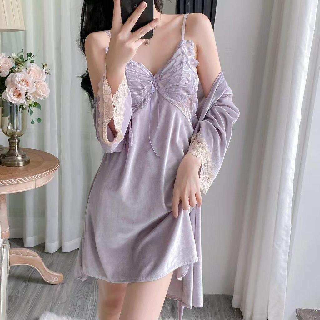 Women's Gold Velvet Butterfly Lace Pajama Set – Camisole and Beautiful Back Sleepwear with Chest Pads for Autumn/Winter.