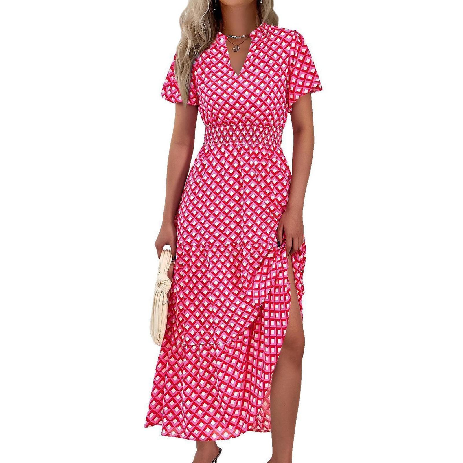 

Жіноча літня повсякденна сукня-пуловер з принтом і еластичною талією, короткими рукавами та V-подібним вирізом XL