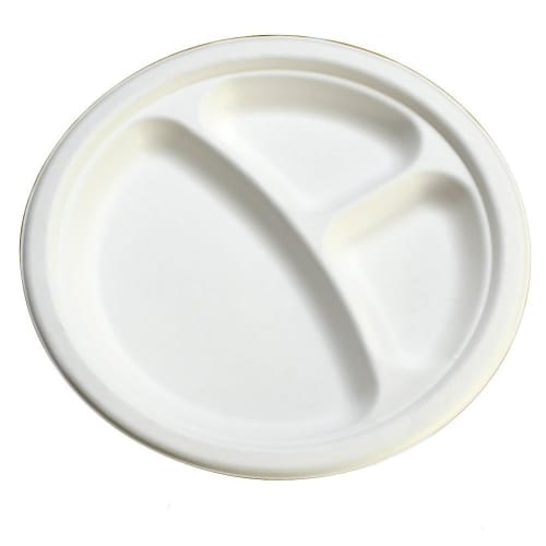 Disposable, Durable Paper Plates, Eco-friendly and Stylish, E-mold, 23cm, with Dividers, P012, 50 Count