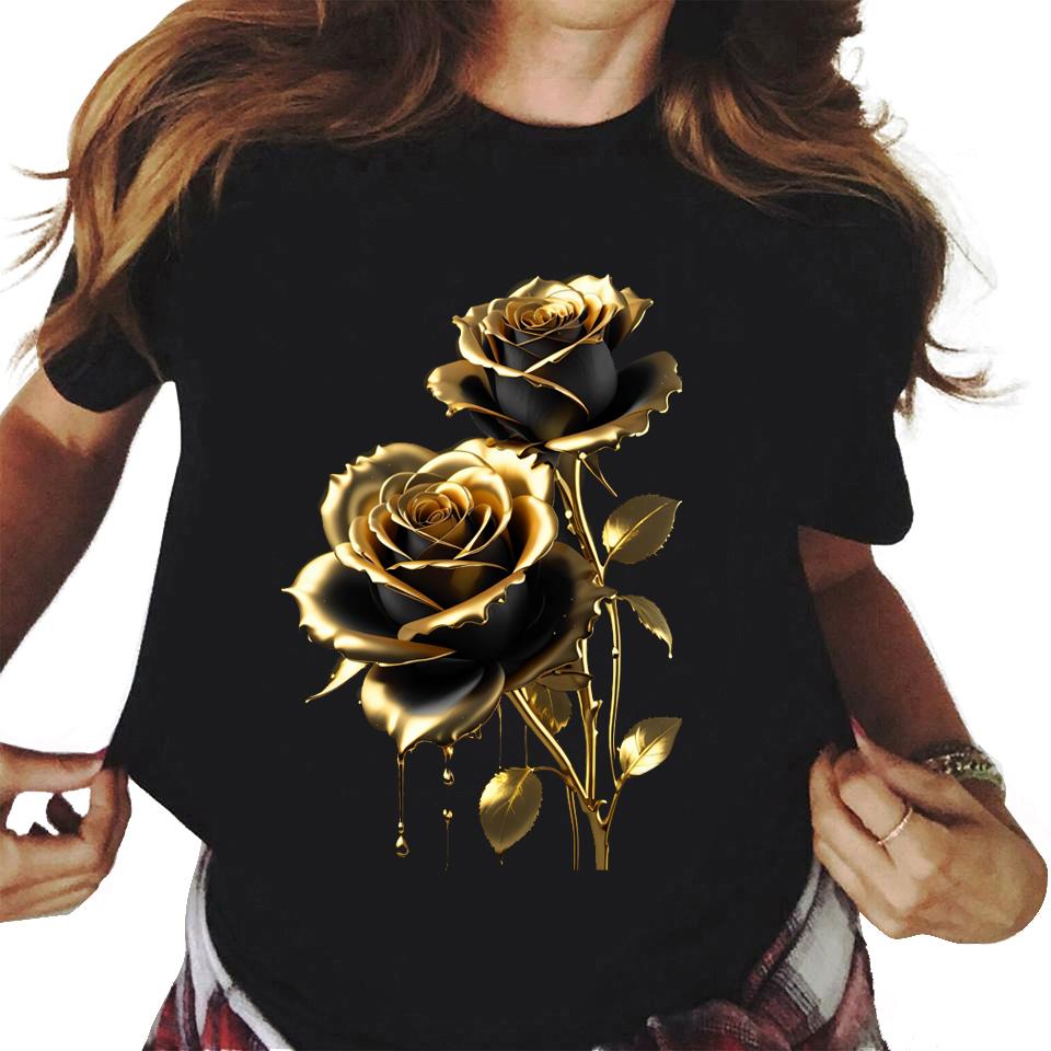 

Maycaur Gold Rose Print T Shirt Women fashion Short Sleeves flower Tshirts female Casual Oneck Top Tee Shirt girl Black Tshirt S
