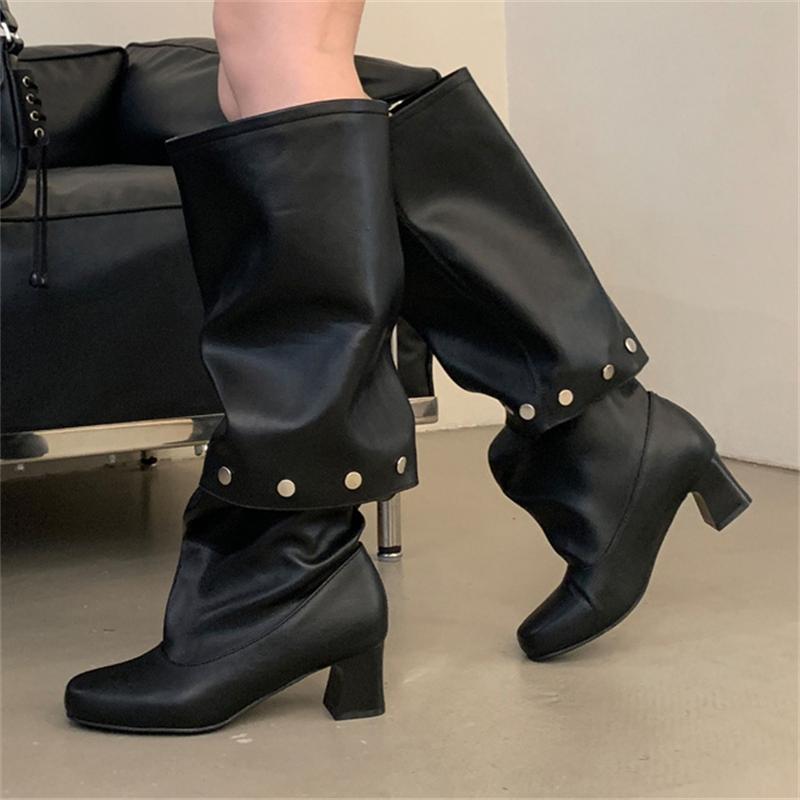 Eilyken 2026 New Winter Fashion Pleated Buckle Splicing Knee High Boots Women Square Heels Shoes Design Elegant Modern Long Boot