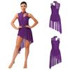 Women Lyrical Dance Leotard Dress Floral Lace Rhinestones Irregular Hem Openable Crotch One Piece Asymmetrical for Ballet Waltz Latin