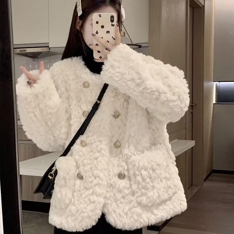 Autumn Winter Loose Casual Double Breasted Lamb Fleece Coat Women Quilted All-match Cardigan Jacket Top