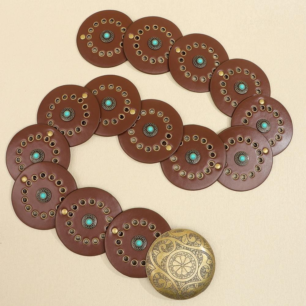 Rivet Wide Boho Disc Belt Exaggerated Carved Buckle Waist Belt Western Leather Waistband  Lady