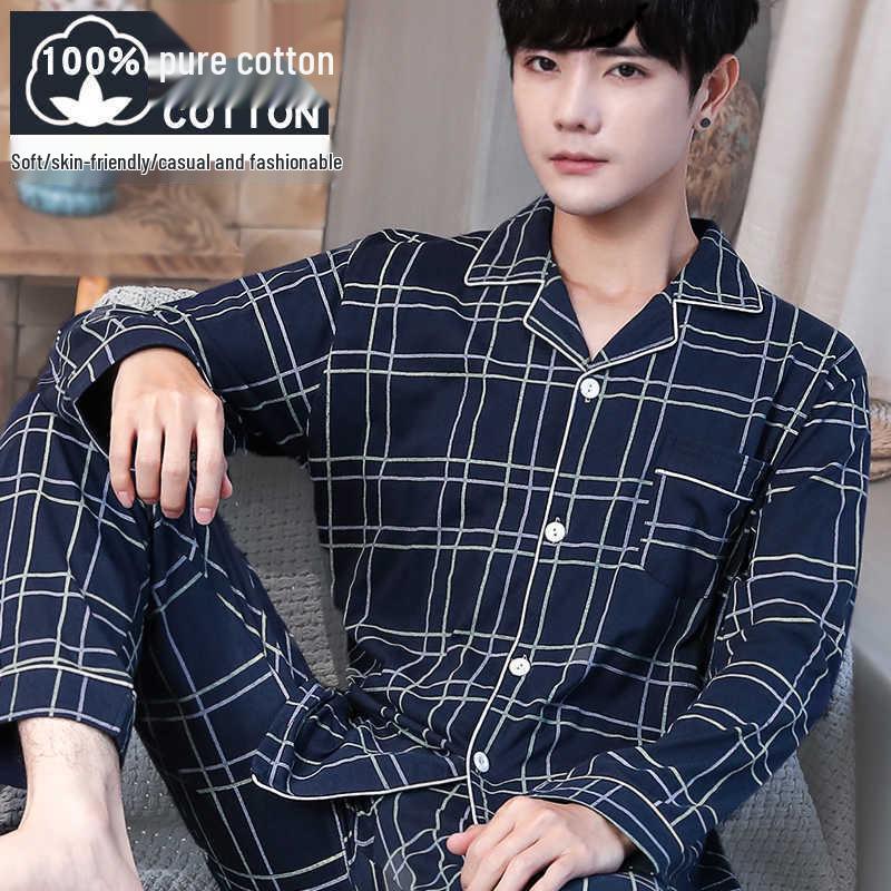 Men's 100% Cotton Long Sleeve and Pants Pajama Set - Plus Size, Spring/Autumn, Loose Fit, Two-Piece Home Wear
