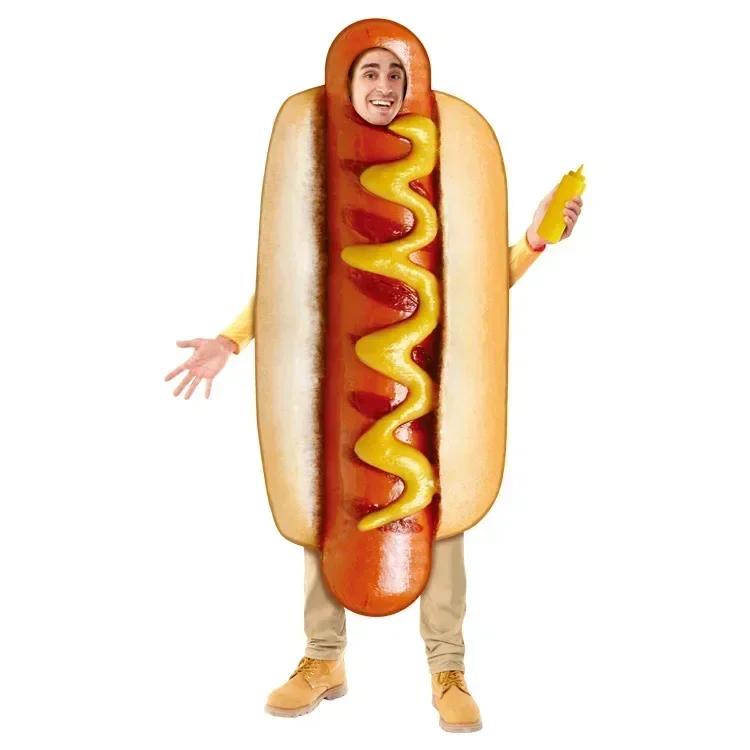 Halloween Cos Costumes Hot Dog Costumes for Adult Kids Funny Food Sausage Adult Child Unisex One-Piece Costume Carnival Jumpsuit