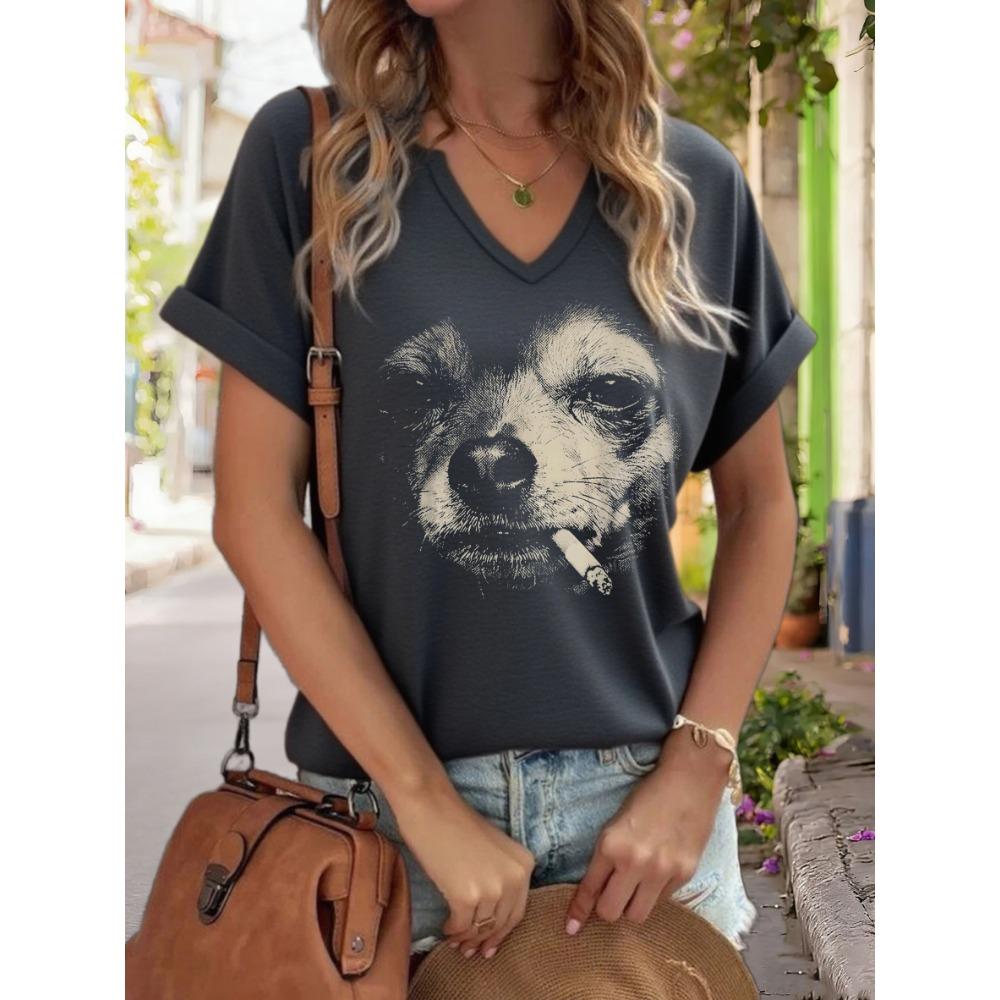 

Women s V-Neck Graphic Tee, Funny Cool Dog Print T-Shirt, Casual Short Sleeve Street Style Top for Pet Lovers L