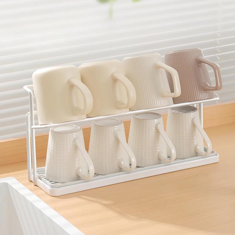 Kitchen Simple Double-layer Drain Cup Holder with Tray Multi-functional Desktop Thermos Cup Glasses Layered Metal Storage Rack