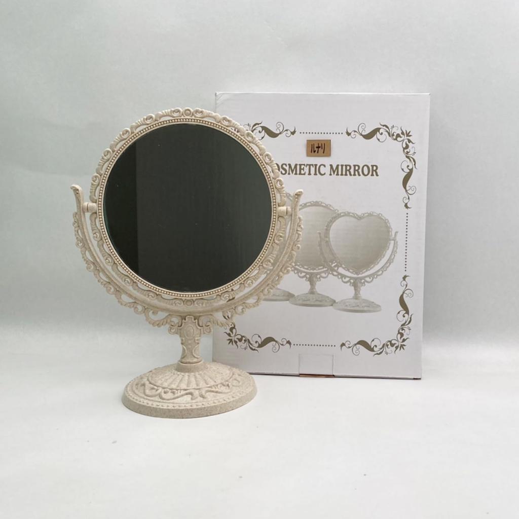 Lunari Antique Tabletop Standing Princess Makeup Round Double-Sided Mirror, Mirror, European-Style Marble-Effect Mirror, (Circle)