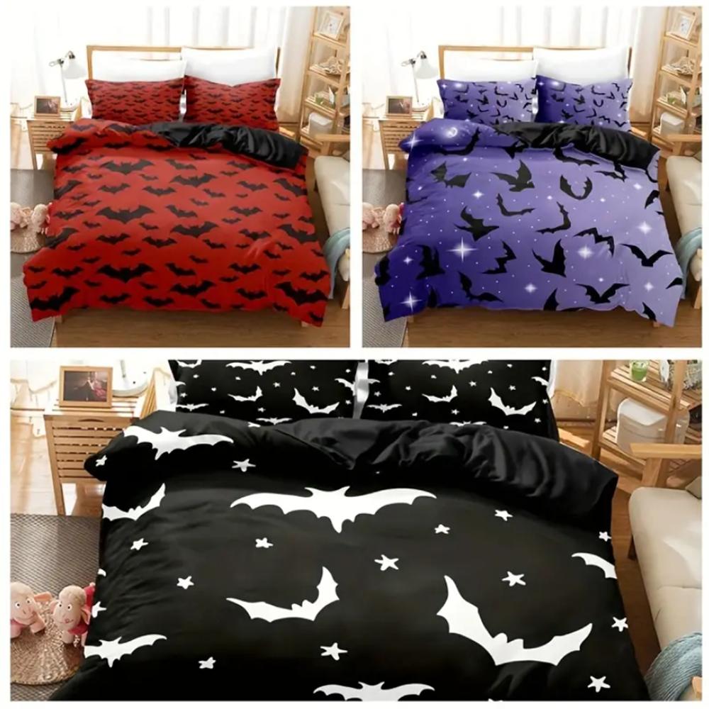 Soft & Breathable Halloween Bat Theme 3-Piece Duvet Set - All-Season Comfort with Easy Zipper Closure and Durable Woven Fabric