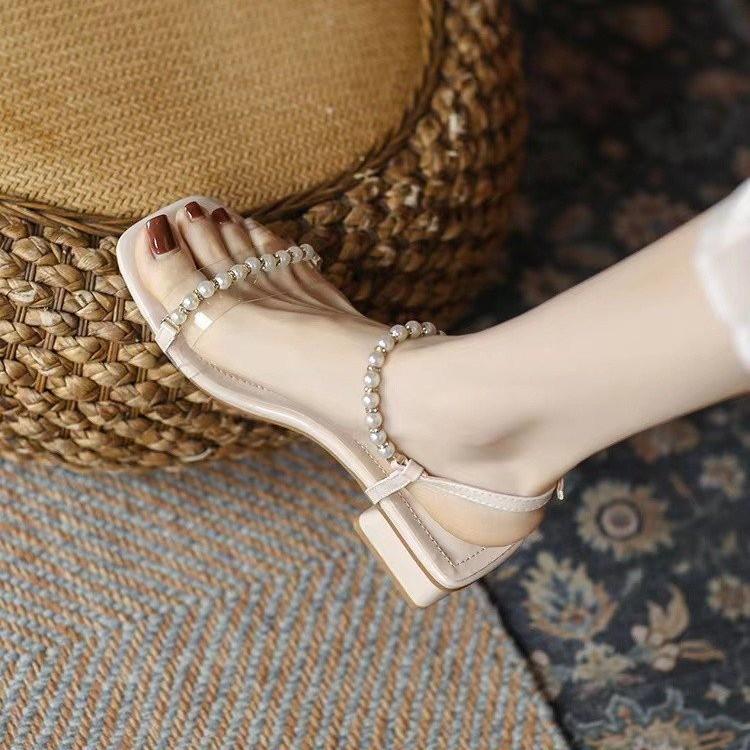 

Coarse heel pearl square head sandals female summer 2025 new wear thick heel fairy style high heel open toe cool slippers 40