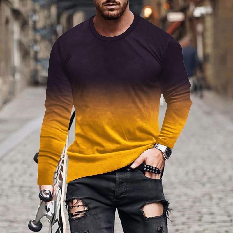 European and American Fashion Gradient Printed Casual Long Sleeved T-shirt O Neck Oversized Pullovers Tees Tops Men's Clothing