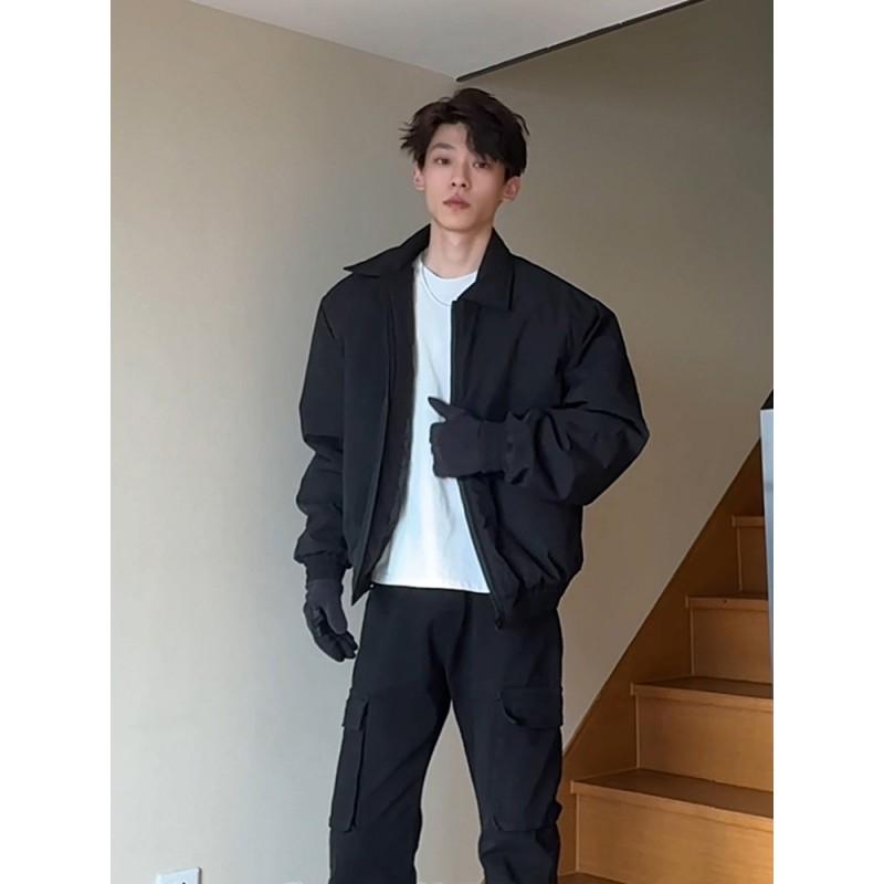 Mens Padded Flight Jacket Oversized Winter Coat Solid Color Warm Streetwear
