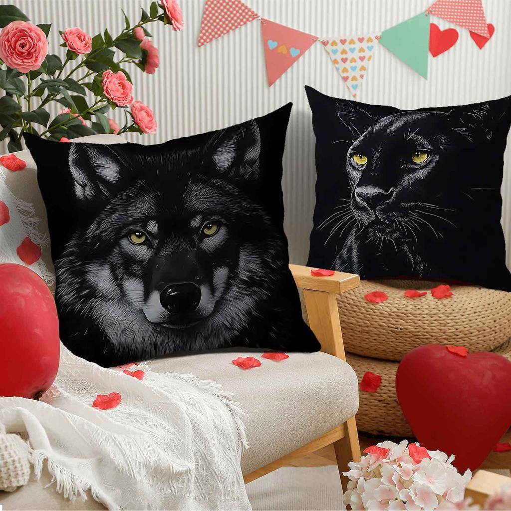 Lion, Wolf, Black Cat Tiger Patterns Printing Pillow Cover Short Plush Suitable Living Rooms Bedrooms Sofas Throw Cushion Cover