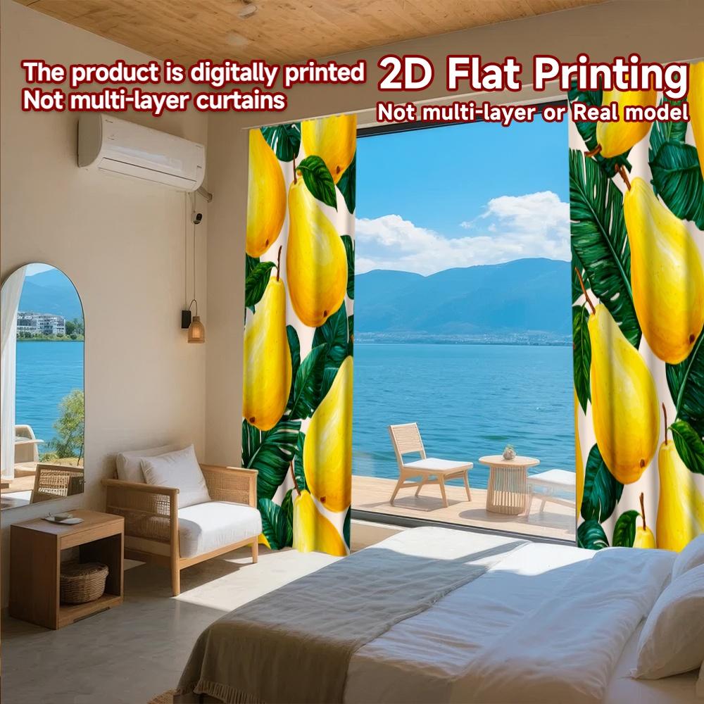 2D FLAT PRINTING 2pcs Curtains (Without Rod) Fresh Pears and Green Leaves New year Festival Fashion Curtains Machine Washable
