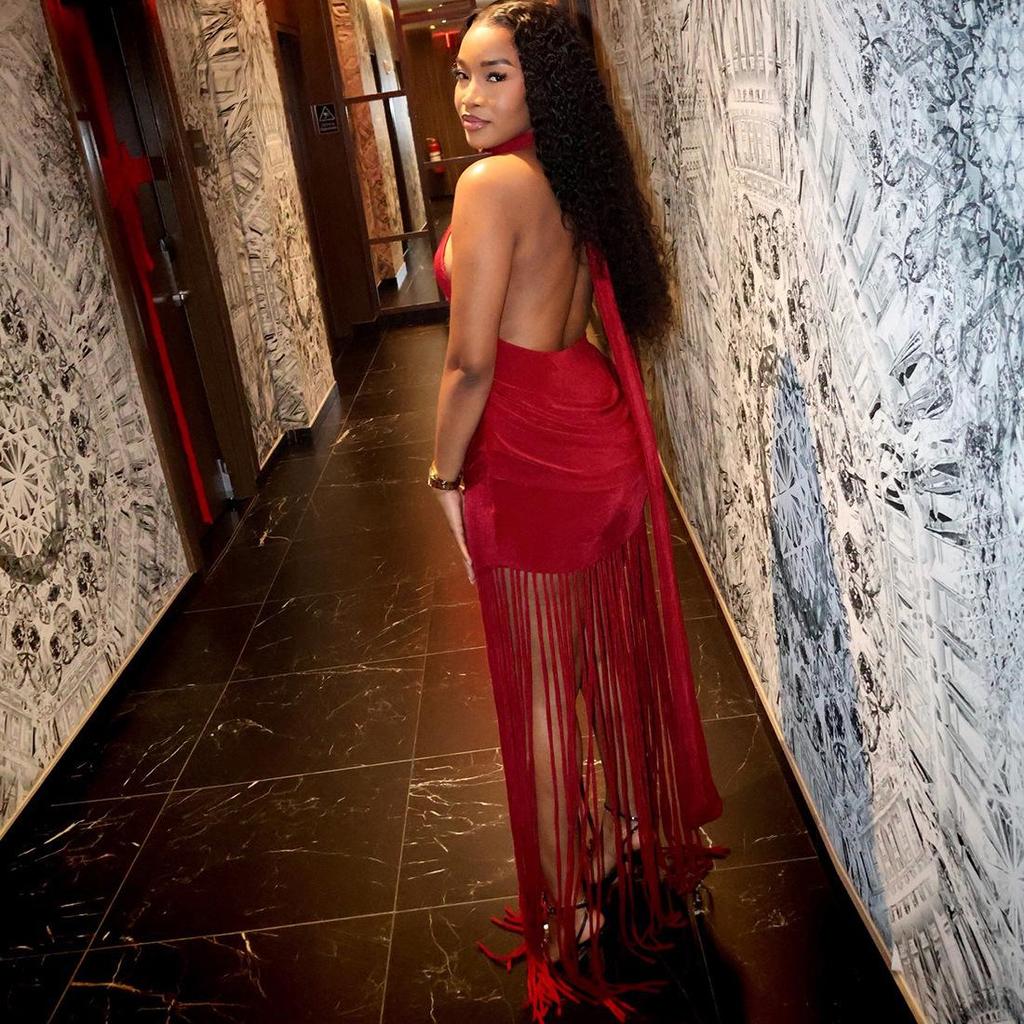 European Style Tassel Halter Backless Sexy Dress