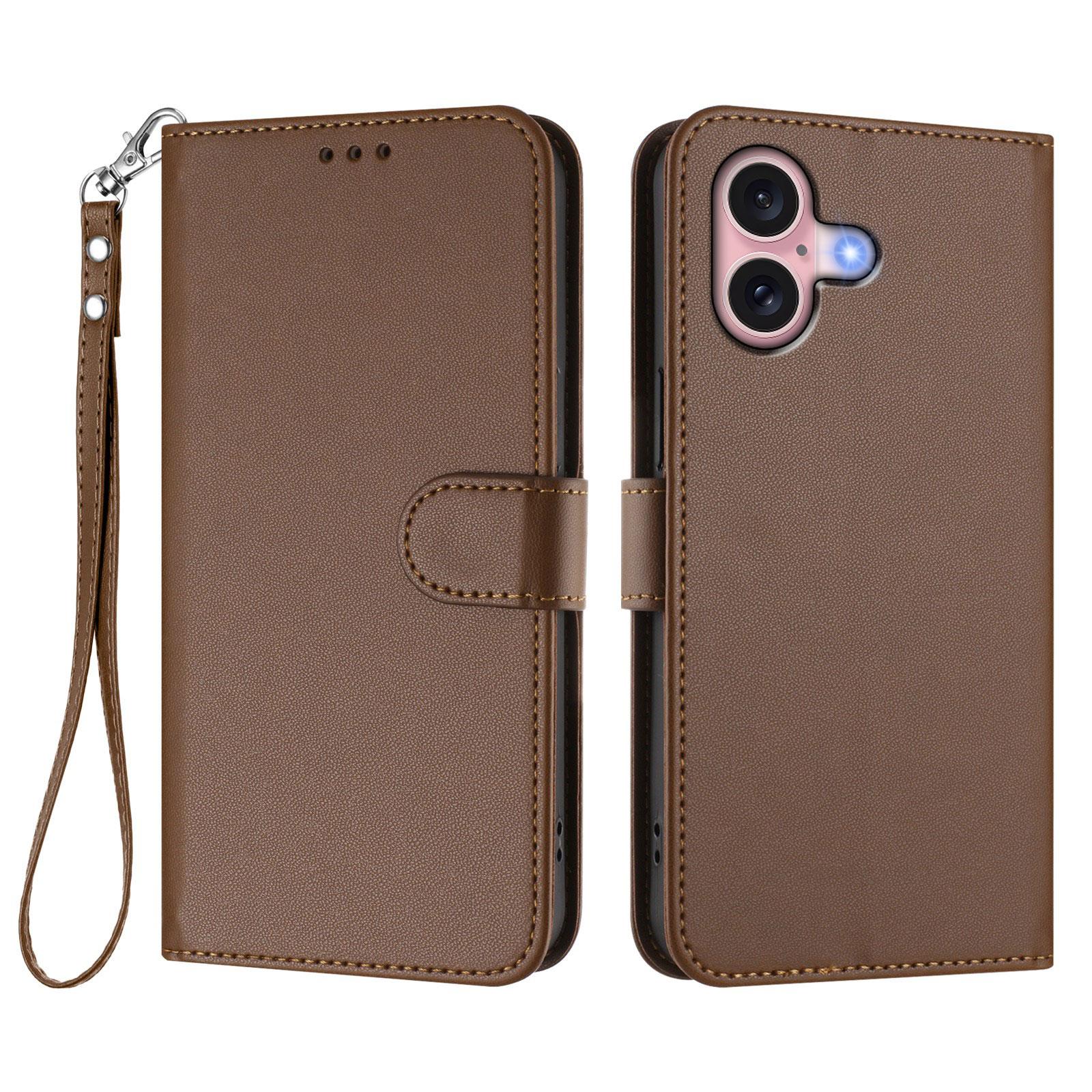 

For iPhone 16 Leather Case Wallet Stand Phone Cover with Wrist Strap Brown