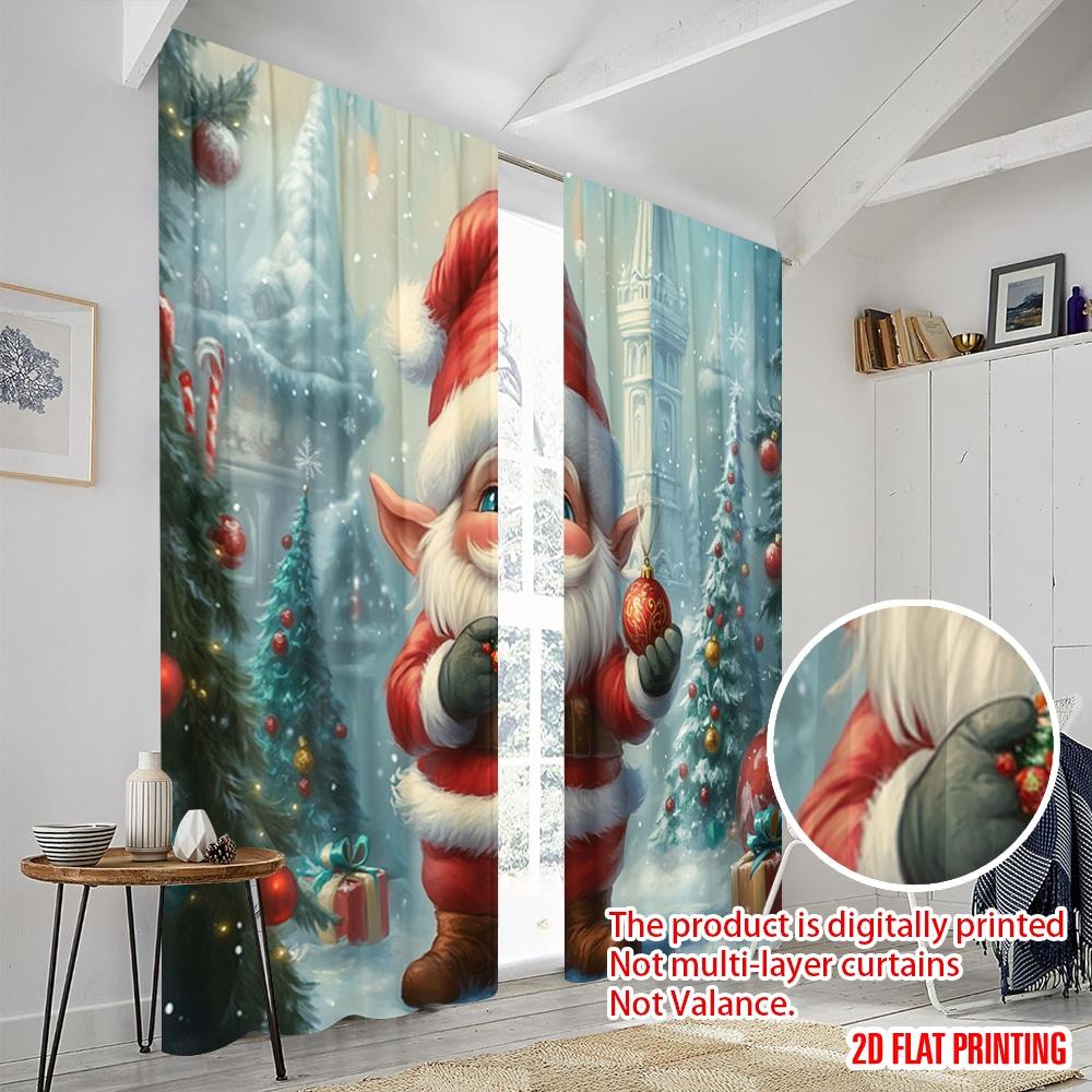 2pcs,2D Plane Printing Curtains Digital Printed Cute Elf Santa Christmas Tree Versatile Durable Polyester (without Rod) Outdoor