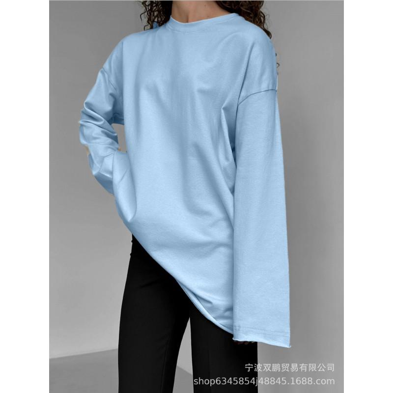 Womens Loose Fit Long Sleeve Cotton T-Shirt With Handcrafted Distressed Detail 2026 Casual Top